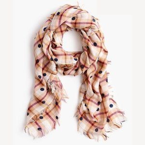 J Crew | Wool Cotton Blend Plaid Polka Dot Scarf with Raw Edges
